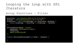 Looping the Loop with SPL
Iterators
Array Functions – Filter
$startTime = new DateTime('2015-11-23 13:20:00Z');
$endTime = new DateTime('2015-11-23 13:30:00Z');
$timeFilter = function($timestamp) use ($startTime, $endTime) {
return $timestamp >= $startTime && $timestamp <= $endTime;
};
$filteredTrackingData = filter(
$gpxReader->getElements('trkpt'),
$timeFilter,
ARRAY_FILTER_USE_KEY
);
foreach ($filteredTrackingData as $time => $element) {
...
}
 