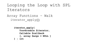 Looping the Loop with SPL
Iterators
Array Functions – Walk
iterator_apply()
iterator_apply(
Traversable $iterator,
Callable $callback
[, array $args = NULL ]
) : int
 