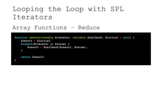 Looping the Loop with SPL
Iterators
Array Functions – Reduce
function reduce(iterable $iterator, Callable $callback, $initial = null) {
$result = $initial;
foreach($iterator as $value) {
$result = $callback($result, $value);
}
return $result;
}
 