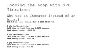 Looping the Loop with SPL
Iterators
Why use an Iterator instead of an
Array?
PHP 5.5.33 (cli) (built: Mar 2 2016 15:20:49)
$ php testLoader1.php
Call time to load file was 0.0670 seconds
Peak memory usage: 14336 KB
$ php testLoader2.php
Call time to load file was 0.0417 seconds
Peak memory usage: 3840 KB
$ php testLoader3.php
Call time to load file was 0.0487 seconds
Peak memory usage: 256 KB
 