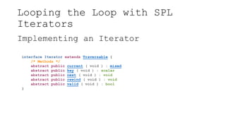 Looping the Loop with SPL
Iterators
Implementing an Iterator
interface Iterator extends Traversable {
/* Methods */
abstract public current ( void ) : mixed
abstract public key ( void ) : scalar
abstract public next ( void ) : void
abstract public rewind ( void ) : void
abstract public valid ( void ) : bool
}
 