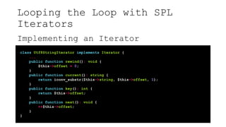 Looping the Loop with SPL
Iterators
Implementing an Iterator
class Utf8StringIterator implements Iterator {
...
public function rewind(): void {
$this->offset = 0;
}
public function current(): string {
return iconv_substr($this->string, $this->offset, 1);
}
public function key(): int {
return $this->offset;
}
public function next(): void {
++$this->offset;
}
}
 