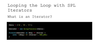 Looping the Loop with SPL
Iterators
What is an Iterator?
$data = ['A', 'B', 'C'];
$dataSet = new ArrayIterator($data);
foreach($dataSet as $key => $value) {
echo "{$key} => {$value}", PHP_EOL;
}
 