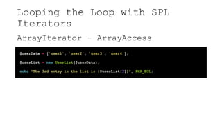 Looping the Loop with SPL
Iterators
ArrayIterator – ArrayAccess
$userData = ['user1', 'user2', 'user3', 'user4'];
$userList = new UserList($userData);
echo "The 3rd entry in the list is {$userList[2]}", PHP_EOL;
 