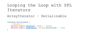 Looping the Loop with SPL
Iterators
ArrayIterator – Serializable
interface Serializable {
/* Methods */
abstract public serialize ( void ) : string
abstract public unserialize ( string $serialized ) : void
}
 