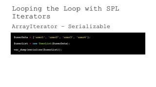 Looping the Loop with SPL
Iterators
ArrayIterator – Serializable
$userData = ['user1', 'user2', 'user3', 'user4'];
$userList = new UserList($userData);
var_dump(serialize($userList));
 