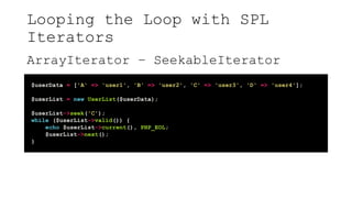 Looping the Loop with SPL
Iterators
ArrayIterator – SeekableIterator
$userData = ['A' => 'user1', 'B' => 'user2', 'C' => 'user3', 'D' => 'user4'];
$userList = new UserList($userData);
$userList->seek('C');
while ($userList->valid()) {
echo $userList->current(), PHP_EOL;
$userList->next();
}
 