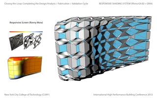 Closing the Loop: Completing the Design/Analysis > Fabrication > Validation Cycle

RESPONSIVE SHADING SYSTEM (Rhino/Gh3D + DIVA)

Responsive Screen (Ronny Mora)

New York City College of Technology (CUNY)

International High Performance Building Conference 2013

 