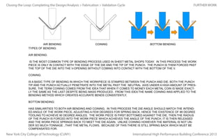 Closing the Loop: Completing the Design/Analysis > Fabrication > Validation Cycle

AIR BENDING
TYPES OF BENDING:

COINING

FURTHER WORK

BOTTOM BENDING

AIR BENDING:
IS THE MOST COMMON TYPE OF BENDING PROCESS USED IN SHEET METAL SHOPS TODAY. IN THIS PROCESS THE WORK
PIECE IS ONLY IN CONTACT WITH THE EDGE OF THE DIE AND THE TIP OF THE PUNCH. THE PUNCH IS THEM FORCED PAST
THE TOP OF THE DIE INTO THE V-OPENING WITHOUT COMING INTO CONTACT WITH THE BOTTOM OF THE V.
COINING:
IS A BASIC TYPE OF BENDING IN WHICH THE WORKPIECE IS STAMPED BETWEEN THE PUNCH AND DIE. BOTH THE PUNCH
TIP AND THE PUNCH ACTUALLY PENETRATE INTO THE METAL PAST THE NEUTRAL AXIS UNDER A HIGH AMOUNT OF PRESSURE. THE TERM COINING COMES FROM THE IDEA THAT WHEN IT COMES TO MONEY EACH METAL COIN IS MADE EXACTLY THE SAME AS THE LAST DESPITE BEING MASS PRODUCED. FROM THIS IDEA THE NAME COINING WAS APPLIED TO THE
BENDING METHOD WHICH CREATES ACCURATE BENDS CONSISTENTLY.
BOTTOM BENDING:
HAS SIMILARITIES TO BOTH AIR BENDING AND COINING. IN THIS PROCESS THE DIE ANGLE SHOULD MATCH THE INTENDED ANGLE OF THE WORK PIECE, ADJUSTING A FEW DEGREES FOR SPRING BACK, HENCE THE EXISTENCE OF 88 DEGREE
TOOLING TO ACHIEVE 90 DEGREE ANGLES. THE WORK PIECE IS FIRST BOTTOMED AGAINST THE DIE, THEN THE RADIUS
OF THE PUNCH IS FORCED INTO THE WORK PIECE WHICH ACHIEVES THE ANGLE OF THE PUNCH, IT IS THEN RELEASED
AND THE WORK PIECE SPRINGS BACK TO MEET THE DIE AGAIN. UNLIKE COINING HOWEVER THE MATERIAL IS NOT UNDER SO MUCH TONNAGE ..THAT THE METAL FLOWS. BECAUSE OF THIS THERE IS STILL SPRING BACK WHICH MUST BE
COMPENSATED FOR.

New York City College of Technology (CUNY)

International High Performance Building Conference 2013

 