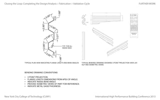 1.68"

Closing the Loop: Completing the Design/Analysis > Fabrication > Validation Cycle

1.68"

57.70"

0"

2.85"

3.0

11.12"

3.0

0"

12
0°"

2.85"

3.0

18.00"

0"

3.21"

"

0
3.0

TYP. FOR ALL
INSIDE RADII

2.85"

0"

3.0

12

TYP. FOR ALL
INSIDE RADII

F L A T C U T _
L L C
N E W
Y O R K
6 8 J A Y S T R E E T
S T U D I O
8 0 1
BROOKLYN NY 11201
F L A T C U T _
L L C
N E W
J E R S E Y
90 DAYTON AVENUE
B L D G .
1 6 C
PASSAIC, NJ 07055
P :
F :

2 1 2 - 5 4 2 - 5 7 3 2
2 1 2 - 5 4 2 - 5 7 3 3

T HIS SHOP DRAWING IS
RELE AS ED BY FLATCU T_
LLC FOR APPROVAL INTENT
FOR CUSTOMER ONLY. THE
INFORMATION CONTAINED
HEREIN REMAINS NOT FOR
FABRICATION PENDING
FINAL REVIEW AND
RELEASE OF APPROVED
S HO P D RAW I NGS .

SIGNATURE OF
APPROVAL

57.70"

0°"

2.85"

3.21"

"

18.00"

0"

1.48"

3.0

0
3.0

FURTHER WORK
57.70"

0"

1.48"

3.0

TYPICAL PLAN VIEW INDICATING FLANGE LENGTH AND BEND ANGLES

TYPICAL BENDING DRAWING SHOWING 3 POINT PROJECTION VIEW LAYOUT AND ISOMETRIC VIEWS.

BENDING DRAWING CONVENTIONS:
•	
•	
•	
•	
•	

3 POINT PROJECTION
FLANGE LENGTH DIMENSIONS FROM APEX OF ANGLE.
INDICATE INSIDE BEND ANGLE
PROVIDE ISOMETRIC VIEWS OF PART FOR REFERENCE.
INDICATE METAL GAGE/THICKNESS.

New York City College of Technology (CUNY)

International High Performance Building Conference 2013

 