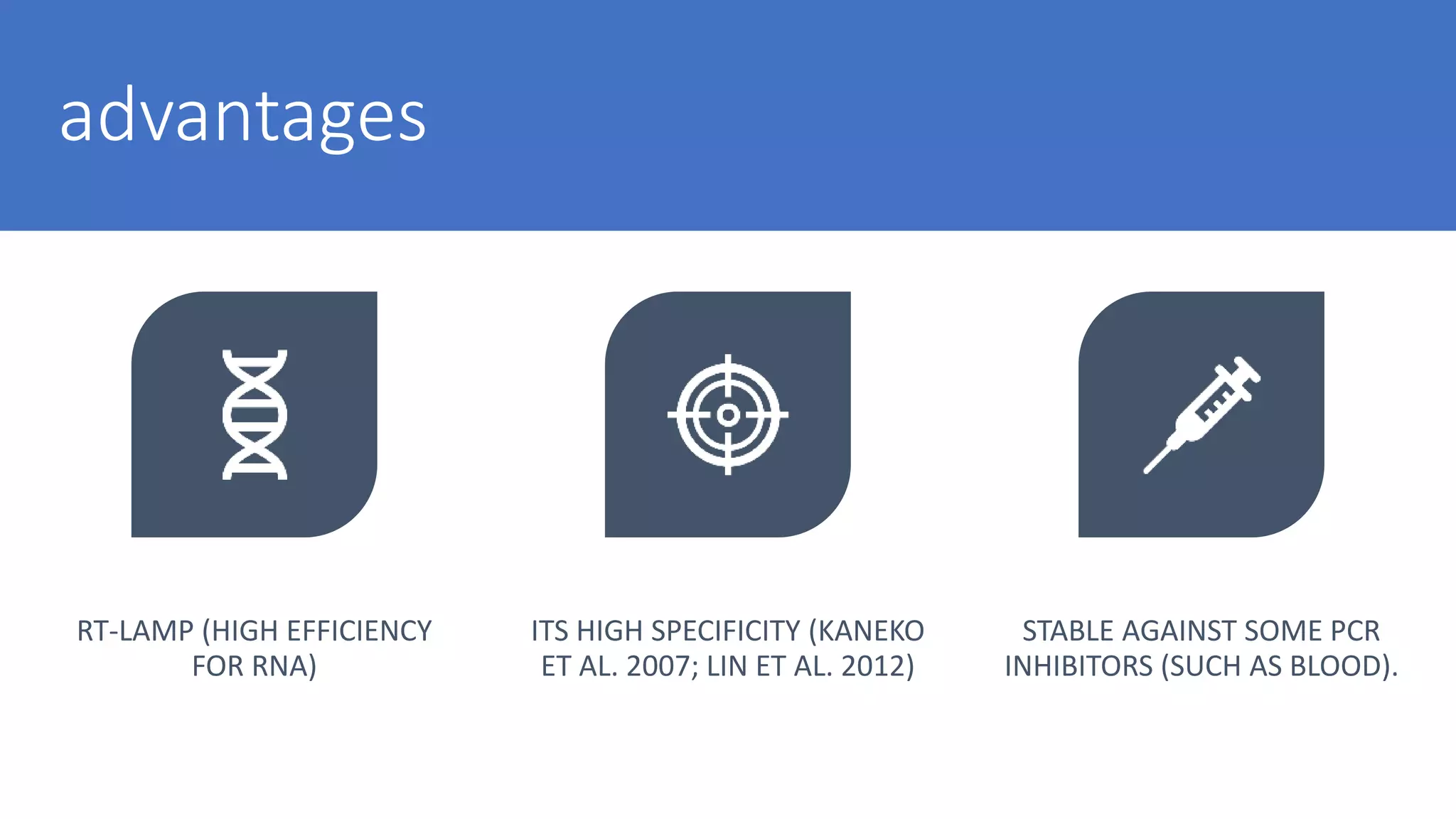advantages
RT-LAMP (HIGH EFFICIENCY
FOR RNA)
ITS HIGH SPECIFICITY (KANEKO
ET AL. 2007; LIN ET AL. 2012)
STABLE AGAINST SOME PCR
INHIBITORS (SUCH AS BLOOD).
 
