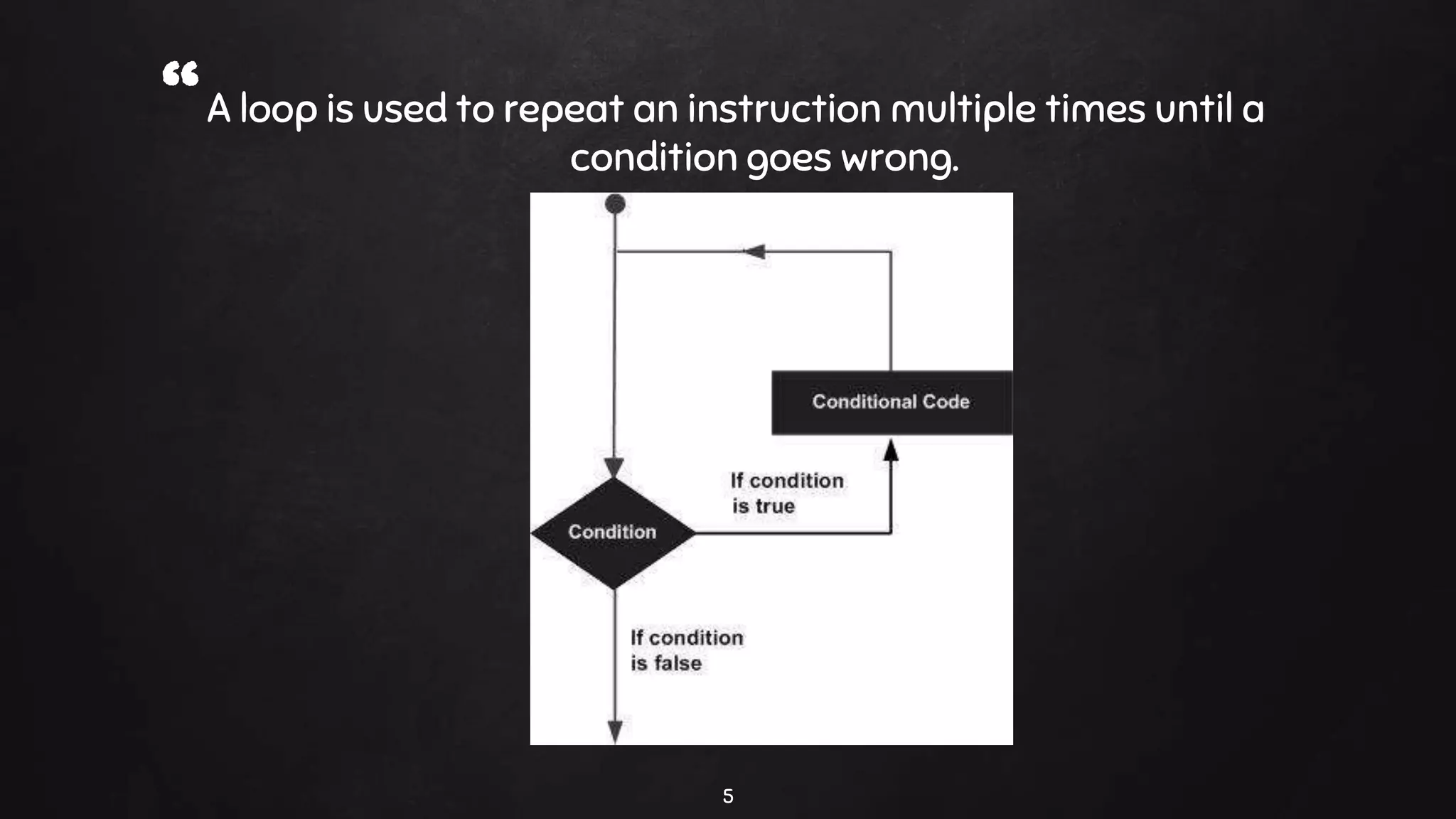 A loop is used to repeat an instruction multiple times until a
condition goes wrong.
5
“
 