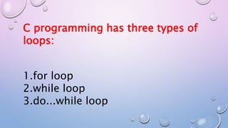 C programming has three types of
loops:
1.for loop
2.while loop
3.do...while loop
 