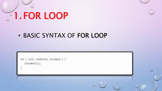 1.FOR LOOP
• BASIC SYNTAX OF FOR LOOP
 