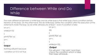 Difference between While and Do
While
The main difference between a while loop and do while loop is that while loop check condition before
iteration of the loop. On the other hand, the do-while loop verifies the condition after the execution of the
statements inside the loop. So do while will execute at least 1 even if condition is false
int a=1;
while(a>10)
{
printf("%d",a);
a++;
}
Output
Nothing will print because
condition a>10 is not true
int a=1;
do
{
printf("%d",a);
a++;
}
while(a>10);
}Output
This will print 1 first add 1and then
check the condition which is false
then loop will break.
 