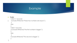 Example
 Code:
if (first == second)
{ Console.WriteLine(“These two numbers are equal.”);
}
else
{
if (first > second)
{ Console.WriteLine(“The first number is bigger.”);
}
else
{
Console.WriteLine(“The second is bigger.”);
}
}
 