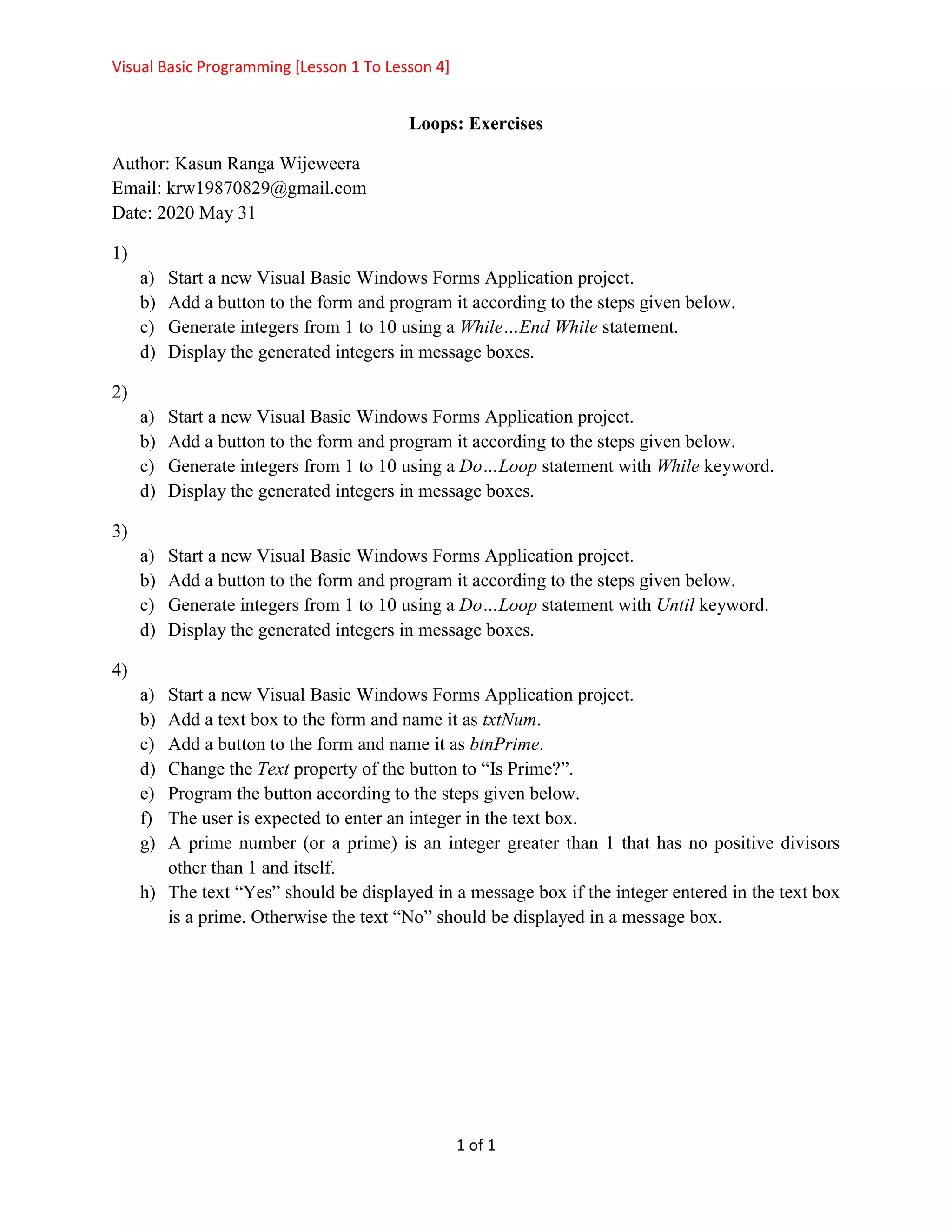 Loops in Visual Basic: Exercises | PDF