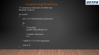 // C program to illustrate do-while loop
#include <stdio.h>
int main()
{
int i = 2; // Initialization expression
do
{
// loop body
printf( "Hello Worldn");
// update expression
i++;
} while (i < 1); // test expression
return 0;
}
A program using DO while loop
 