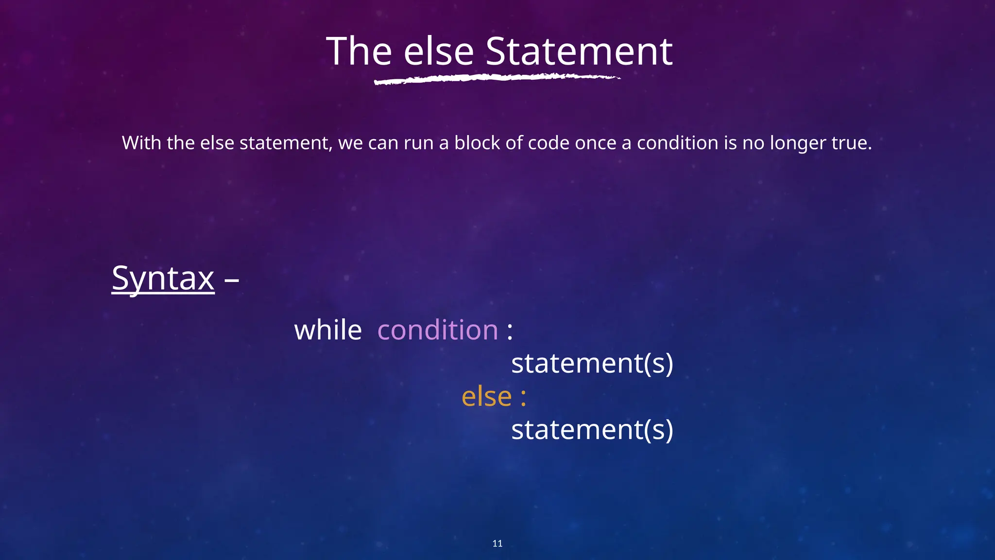With the else statement, we can run a block of code once a condition is no longer true.
11
The else Statement
Syntax –
while condition :
statement(s)
else :
statement(s)
 