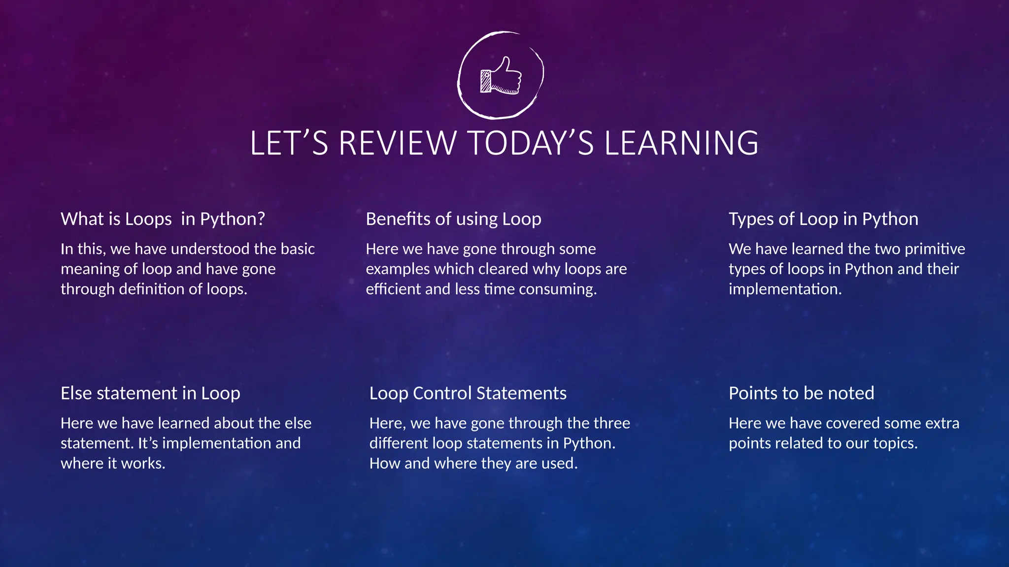 LET’S REVIEW TODAY’S LEARNING
What is Loops in Python?
In this, we have understood the basic
meaning of loop and have gone
through definition of loops.
Else statement in Loop
Here we have learned about the else
statement. It’s implementation and
where it works.
Benefits of using Loop
Here we have gone through some
examples which cleared why loops are
efficient and less time consuming.
Types of Loop in Python
We have learned the two primitive
types of loops in Python and their
implementation.
Loop Control Statements
Here, we have gone through the three
different loop statements in Python.
How and where they are used.
Points to be noted
Here we have covered some extra
points related to our topics.
 