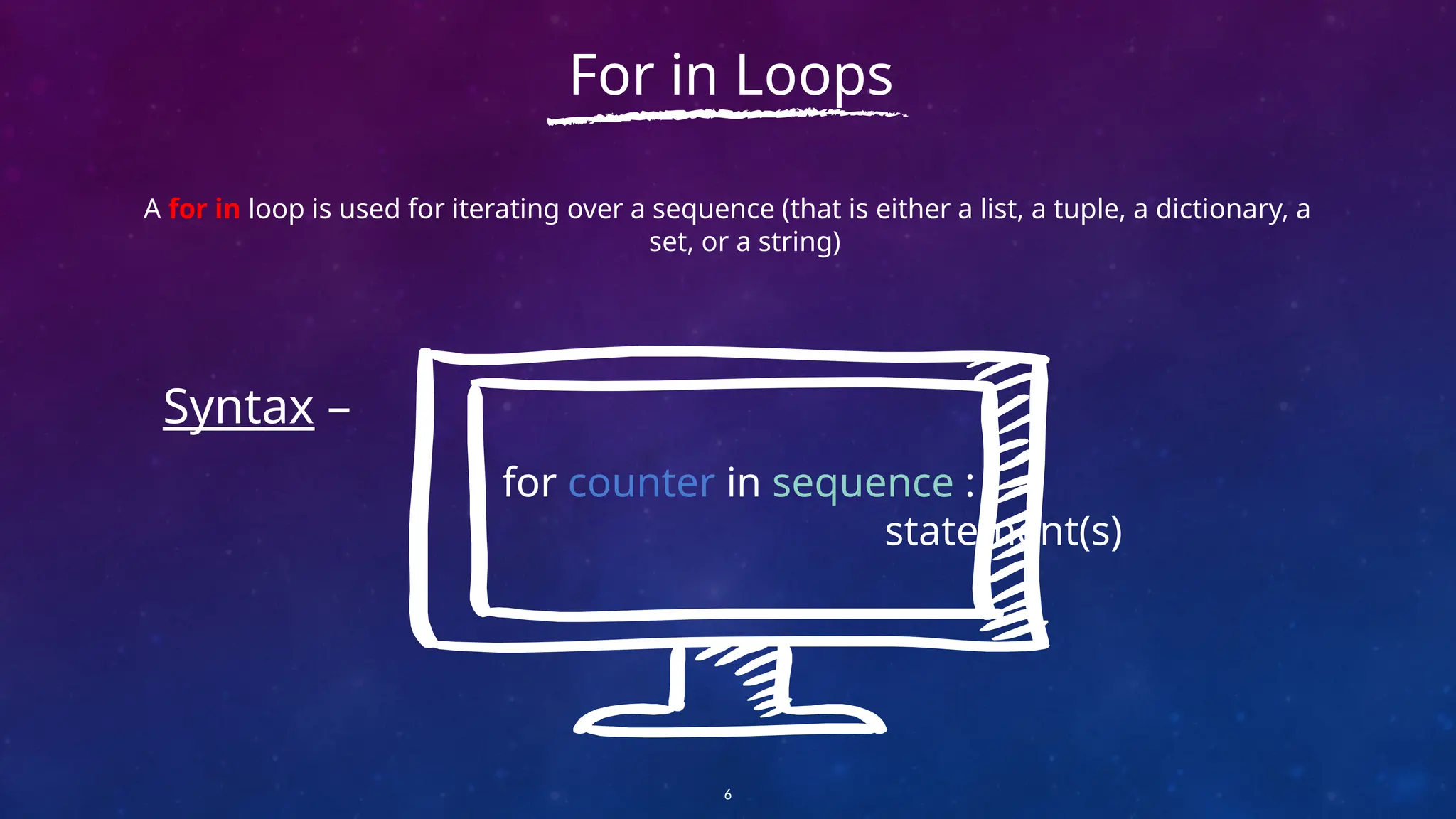 A for in loop is used for iterating over a sequence (that is either a list, a tuple, a dictionary, a
set, or a string)
6
For in Loops
Syntax –
for counter in sequence :
statement(s)
 