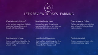 LET’S REVIEW TODAY’S LEARNING
What is Loops in Python?
In this, we have understood the basic
meaning of loop and have gone
through definition of loops.
Else statement in Loop
Here we have learned about the else
statement. It’s implementation and
where it works.
Benefits of using Loop
Here we have gone through some
examples which cleared why loops are
efficient and less time consuming.
Types of Loop in Python
We have learned the two primitive
types of loops in Python and their
implementation.
Loop Control Statements
Here, we have gone through the three
different loop statements in Python.
How and where they are used.
Points to be noted
Here we have covered some extra
points related to our topics.
 