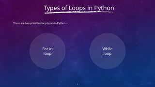 There are two primitive loop types in Python –
5
Types of Loops in Python
For in
loop
While
loop
 