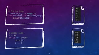 # for in loop
iterable_objs = range(6)
for iterator in iterable_objs:
print(iterator)
8
# while loop
i = 42
while not(i<=10):
print(i)
i -= 7
 