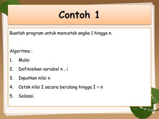 Buatlah program untuk mencetak angka 1 hingga n.
Algoritma :
1. Mulai
2. Definisikan variabel n , i
3. Inputkan nilai n
4. Cetak nilai I secara berulang hingga I = n
5. Selesai.
Contoh 1
 