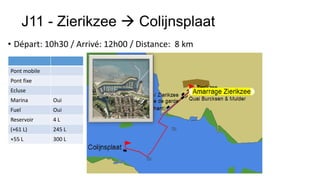 J11 - Zierikzee  Colijnsplaat
• Départ: 10h30 / Arrivé: 12h00 / Distance: 8 km

Pont mobile
Pont fixe
Ecluse
Marina        Oui
Fuel          Oui
Reservoir     4L
(+61 L)       245 L
+55 L         300 L
 