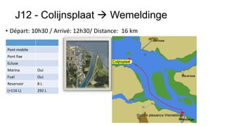 J12 - Colijnsplaat  Wemeldinge
• Départ: 10h30 / Arrivé: 12h30/ Distance: 16 km

Pont mobile
Pont fixe
Ecluse
Marina        Oui
Fuel          Oui
Reservoir     8L
(+116 L)      292 L
 