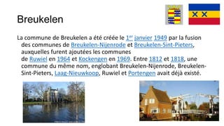 Breukelen
La commune de Breukelen a été créée le 1er janvier 1949 par la fusion
 des communes de Breukelen-Nijenrode et Breukelen-Sint-Pieters,
 auxquelles furent ajoutées les communes
 de Ruwiel en 1964 et Kockengen en 1969. Entre 1812 et 1818, une
 commune du même nom, englobant Breukelen-Nijenrode, Breukelen-
 Sint-Pieters, Laag-Nieuwkoop, Ruwiel et Portengen avait déjà existé.
 