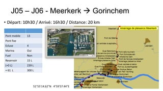 J05 – J06 - Meerkerk  Gorinchem
• Départ: 10h30 / Arrivé: 16h30 / Distance: 20 km

Pont mobile   13
Pont fixe
Ecluse        4
Marina        Oui
Fuel          Non
Reservoir     15 L
(+0 L)        239 L
+ 61 L        300 L




                     51°55'14.62"N 4°59'57.44"E
 