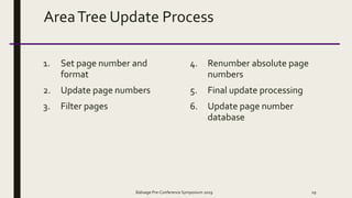 AreaTree Update Process
1. Set page number and
format
2. Update page numbers
3. Filter pages
4. Renumber absolute page
numbers
5. Final update processing
6. Update page number
database
Balisage Pre-Conference Symposium 2019 29
 