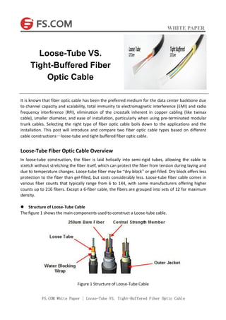 WHITE PAPER
FS.COM White Paper | Loose-Tube VS. Tight-Buffered Fiber Optic Cable
It is known that fiber optic cable has been the preferred medium for the data center backbone due
to channel capacity and scalability, total immunity to electromagnetic interference (EMI) and radio
frequency interference (RFI), elimination of the crosstalk inherent in copper cabling (like twinax
cable), smaller diameter, and ease of installation, particularly when using pre-terminated modular
trunk cables. Selecting the right type of fiber optic cable boils down to the applications and the
installation. This post will introduce and compare two fiber optic cable types based on different
cable constructions—loose-tube and tight-buffered fiber optic cable.
Loose-Tube Fiber Optic Cable Overview
In loose-tube construction, the fiber is laid helically into semi-rigid tubes, allowing the cable to
stretch without stretching the fiber itself, which can protect the fiber from tension during laying and
due to temperature changes. Loose-tube fiber may be “dry block” or gel-filled. Dry block offers less
protection to the fiber than gel-filled, but costs considerably less. Loose-tube fiber cable comes in
various fiber counts that typically range from 6 to 144, with some manufacturers offering higher
counts up to 216 fibers. Except a 6-fiber cable, the fibers are grouped into sets of 12 for maximum
density.
 Structure of Loose-Tube Cable
The figure 1 shows the main components used to construct a Loose-tube cable.
Figure 1 Structure of Loose-Tube Cable
Loose-Tube VS.
Tight-Buffered Fiber
Optic Cable
 