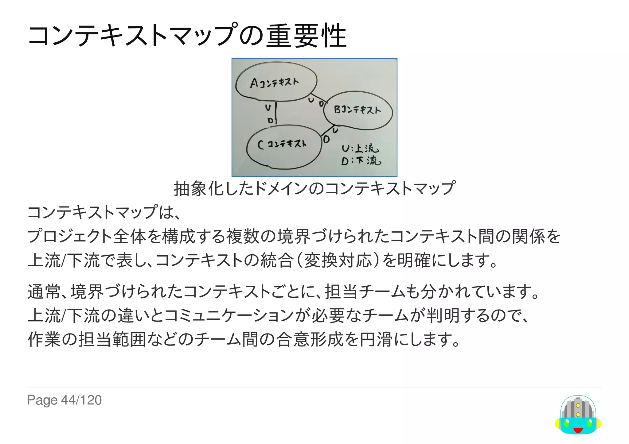 Page	44/120
コンテキストマップの重要性
抽象化したドメインのコンテキストマップ
コンテキストマップは、
プロジェクト全体を構成する複数の境界づけられたコンテキスト間の関係を
上流/下流で表し、コンテキストの統合（変換対応）を明確にします。
通常、境界づけられたコンテキストごとに、担当チームも分かれています。
上流/下流の違いとコミュニケーションが必要なチームが判明するので、
作業の担当範囲などのチーム間の合意形成を円滑にします。
 