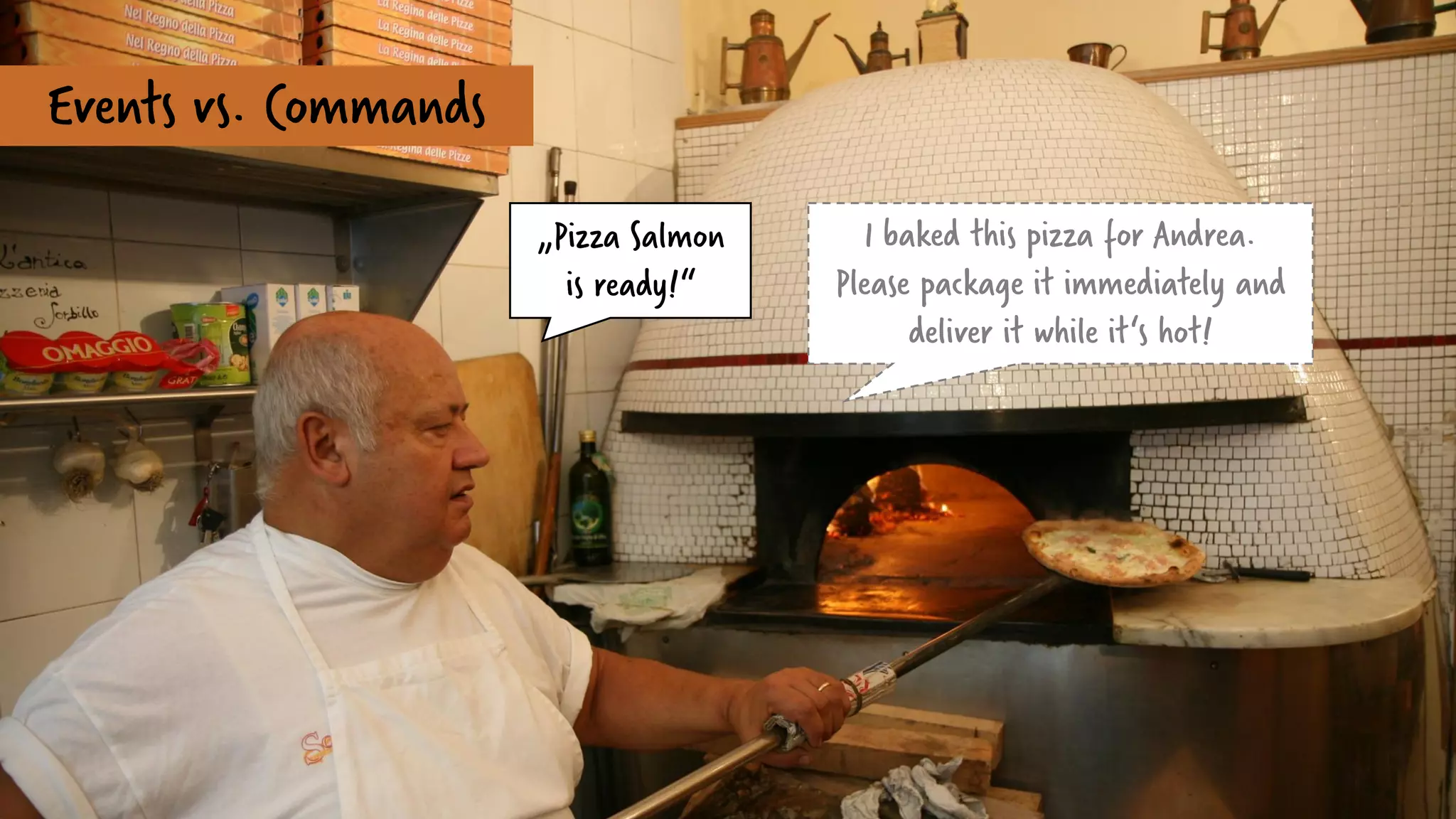 Events vs. Commands
„Pizza Salmon
is ready!“
I baked this pizza for Andrea.
Please package it immediately and
deliver it while it‘s hot!
 