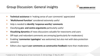 Loosen et al (2017): Making sense of user comments. Identifying journalists' requirements for a software framework. ICA 2017, San Diego. #SCAN