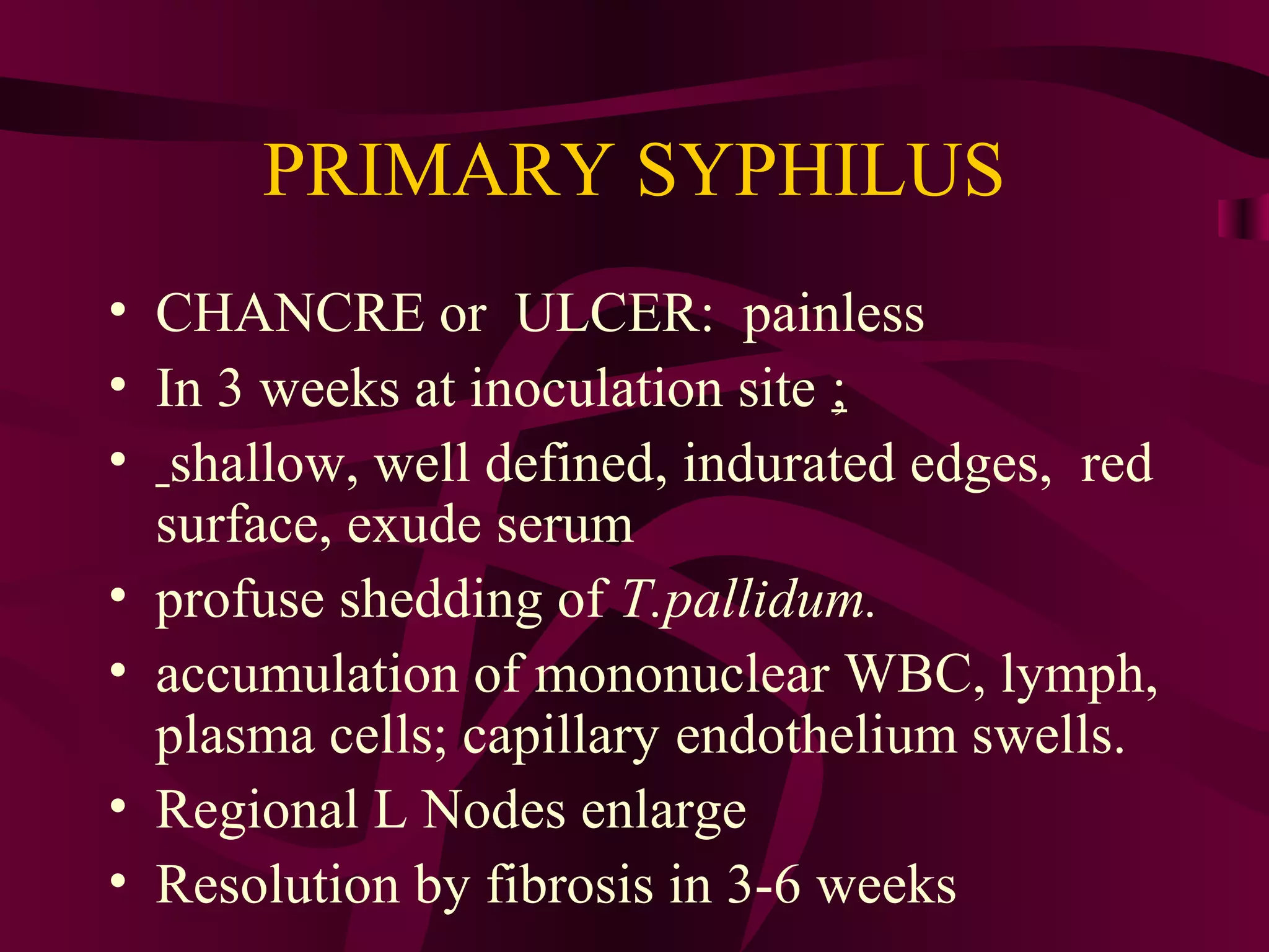 PRIMARY SYPHILUS
• CHANCRE or ULCER: painless
• In 3 weeks at inoculation site ;
• shallow, well defined, indurated edges, red
surface, exude serum
• profuse shedding of T.pallidum.
• accumulation of mononuclear WBC, lymph,
plasma cells; capillary endothelium swells.
• Regional L Nodes enlarge
• Resolution by fibrosis in 3-6 weeks
 
