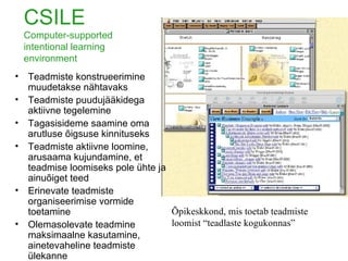 CSILE Computer-supported intentional learning environment Teadmiste konstrueerimine muudetakse nähtavaks Teadmiste puudujääkidega aktiivne tegelemine Tagasisideme saamine oma arutluse õigsuse kinnituseks Teadmiste aktiivne loomine, arusaama kujundamine, et teadmise loomiseks pole ühte ja ainuõiget teed Erinevate teadmiste organiseerimise vormide toetamine Olemasolevate teadmine maksimaalne kasutamine, ainetevaheline teadmiste ülekanne Õpikeskkond, mis toetab teadmiste loomist “teadlaste kogukonnas” 