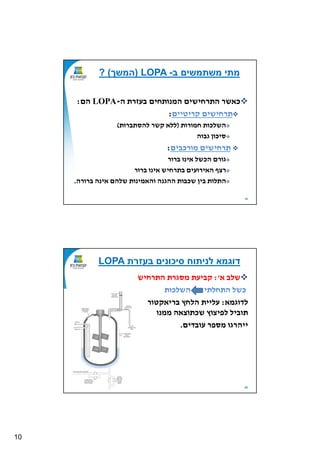 10
19
‫ה‬ ‫בעזרת‬ ‫ותחים‬ ‫המ‬ ‫התרחישים‬ ‫כאשר‬-LOPA‫הם‬:
‫קריטיים‬ ‫תרחישים‬:
‫חמורות‬ ‫השלכות‬)‫להסתברות‬ ‫קשר‬ ‫ללא‬(
‫גבוה‬ ‫סיכון‬
‫מורכבים‬ ‫תרחישים‬:
‫ברור‬ ‫ו‬ ‫אי‬ ‫הכשל‬ ‫גורם‬
‫ברור‬ ‫ו‬ ‫אי‬ ‫בתרחיש‬ ‫האירועים‬ ‫רצף‬
‫ברורה‬ ‫ה‬ ‫אי‬ ‫שלהם‬ ‫ות‬ ‫והאמי‬ ‫ה‬ ‫ההג‬ ‫שכבות‬ ‫בין‬ ‫התלות‬.
‫ב‬ ‫משתמשים‬ ‫מתי‬-LOPA)‫המשך‬(?
20
‫א‬ ‫שלב‬':‫התרחיש‬ ‫מסגרת‬ ‫קביעת‬
‫התחלתי‬ ‫כשל‬‫השלכות‬
‫לדוגמא‬:‫בריאקטור‬ ‫הלחץ‬ ‫עליית‬
‫ו‬ ‫ממ‬ ‫שכתוצאה‬ ‫לפיצוץ‬ ‫תוביל‬
‫עובדים‬ ‫מספר‬ ‫ייהרגו‬.
‫בעזרת‬ ‫סיכונים‬ ‫לניתוח‬ ‫דוגמא‬LOPA
 