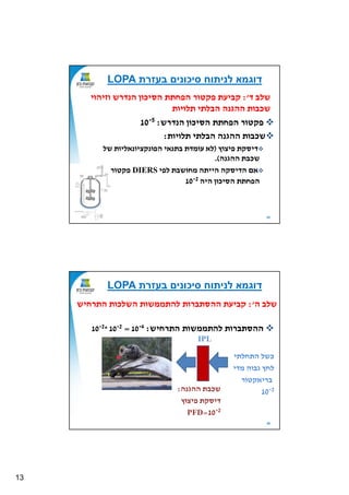 13
25
‫ד‬ ‫שלב‬':‫וזיהוי‬ ‫דרש‬ ‫ה‬ ‫הסיכון‬ ‫הפחתת‬ ‫פקטור‬ ‫קביעת‬
‫תלויות‬ ‫הבלתי‬ ‫ה‬ ‫ההג‬ ‫שכבות‬
‫בעזרת‬ ‫סיכונים‬ ‫לניתוח‬ ‫דוגמא‬LOPA
‫דרש‬ ‫ה‬ ‫הסיכון‬ ‫הפחתת‬ ‫פקטור‬:10-5
‫תלויות‬ ‫הבלתי‬ ‫ה‬ ‫ההג‬ ‫שכבות‬:
‫דיסקת‬‫פיצוץ‬)‫של‬ ‫אליות‬ ‫קציו‬ ‫הפו‬ ‫אי‬ ‫בת‬ ‫עומדת‬ ‫לא‬
‫ה‬ ‫ההג‬ ‫שכבת‬.(
‫אם‬‫הדיסקה‬‫לפי‬ ‫מחושבת‬ ‫הייתה‬DIERS‫פקטור‬
‫היה‬ ‫הסיכון‬ ‫הפחתת‬10-2
26
‫ה‬ ‫שלב‬':‫התרחיש‬ ‫השלכות‬ ‫להתממשות‬ ‫ההסתברות‬ ‫קביעת‬
‫בעזרת‬ ‫סיכונים‬ ‫לניתוח‬ ‫דוגמא‬LOPA
‫התרחיש‬ ‫להתממשות‬ ‫ההסתברות‬:10-4=10-2*10-2
‫התחלתי‬ ‫כשל‬
‫מדי‬ ‫גבוה‬ ‫לחץ‬
‫בריאקטור‬
10-2
IPL
‫ש‬‫ה‬ ‫ההג‬ ‫כבת‬:
‫דיסקת‬‫פיצוץ‬
PFD=10-2
 