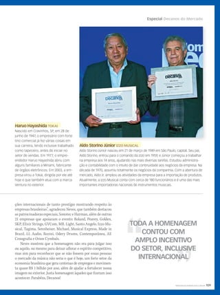 Especial Decanos do Mercado
WWW.MUSICAEMERCADO.COM.BR 109
Haruo HayashidaHaruo Hayashida TOKAITOKAI
Nascido em Cravinhos, SP, em 28 de
junho de 1947, o empresário com forte
tino comercial já fez várias coisas em
sua carreira, tendo inclusive trabalhado
como tapeceiro, antes de iniciar no
setor de vendas. Em 1977, o empre-
endedor Haruo Hayashida abriu com
alguns familiares a Minami, fabricante
de órgãos eletrônicos. Em 2003, a em-
presa virou a Tokai, dirigida por ele até
hoje e que também atua com a marca
Ventura no exterior.
ções internacionais de tanto prestígio mostrando respeito às
empresas brasileiras”, agradeceu Neves, que também destacou
as patrocinadoras especiais, Sonotec e Harman, além de outras
21 empresas que apoiaram o evento: Roland, Peavey, Golden,
SKP, Elixir Strings, GVCom, MR. Light, Santo Angelo, Izzo Mu-
sical, Tagima, Sennheiser, Michael, Musical Express, Made in
Brazil, LL Audio, Rozini, Odery Drums, Contemporânea, AE
Cenografia e Orion Cymbals.
Neves mostrou que a homenagem não era para julgar isso
ou aquilo, ou mesmo para deixar aflorar o espírito competitivo,
mas sim para reconhecer que se não fossem por essas pessoas
o mercado da música não seria o que é hoje, um forte setor da
economia brasileira que gera centenas de empregos e movimen-
ta quase R$ 1 bilhão por ano, além de ajudar a fortalecer nossa
imagem no exterior. Justa homenagem àqueles que fizeram isso
acontecer. Parabéns, Decanos!
Aldo Storino JúniorAldo Storino Júnior IZZO MUSICALIZZO MUSICAL
Aldo Storino Júnior nasceu em 21 de março de 1949 em São Paulo, capital. Seu pai,
Aldo Storino, entrou para o comando da Izzo em 1959, e Júnior começou a trabalhar
na empresa aos 14 anos, ajudando nas mais diversas tarefas. Estudou administra-
ção e contabilidade com o intuito de dar continuidade aos negócios da empresa. Na
década de 1970, assumiu totalmente os negócios da companhia. Com a abertura de
mercado, Aldo Jr. ampliou as atividades da empresa para a importação de produtos.
Atualmente, a Izzo Musical conta com cerca de 180 funcionários e é uma das mais
importantes importadoras nacionais de instrumentos musicais.
TODA A HOMENAGEM
CONTOU COM
AMPLO INCENTIVO
DO SETOR, INCLUSIVE
INTERNACIONAL
mm58_decano.indd 109 13/12/11 19:26
 