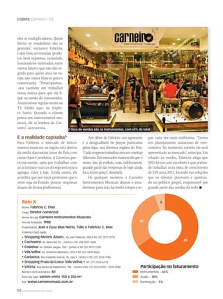 122 WWW.MUSICAEMERCADO.COM.BR
Lojista Carneiro / ES
Raio X
Nome: Fabrício C. Dias
Cargo: Diretor comercial
Nome da Loja: Carneiro Instrumentos Musicais
Ano de fundação: 1988
Proprietários: José e Euza Dias Netto, Túlio e Fabrício C. Dias
Endereço da(s) loja(s):
• Shopping Mestre Álvaro : Av Joao Palácios, 300 • Tel. (27) 3211 0770
• Cachoeiro: Av. Beira Rio, 83 – Centro • Tel. (28) 3521-1600
• Colatina: Av. Getúlio Vargas, 550 – Centro • Tel. (27) 3721-1720
• Vila Velha: Av. Jerônimo Monteiro, 1310 • Tel. (27) 3239-4626
• Cariacica: Rua Expedito Garcia, 18, Loja 1– Centro • Tel. (27) 3226-1785
• Shopping Praia da Costa (Vila Velha) • Tel. (27) 3320-6333
• Vitória: Rua Barão de Itapemirim, 196 – Centro • Tel. (27) 3222-6155 / 3239-3094
Número de funcionários: 80
Área das lojas: variam entre 150 a 350 m²
Site: www.carneiromusic.com.br
eles os multiplicadores. Quem
forma os vendedores são os
gerentes”, esclarece Fabrício.
Lojas bem arrumadas, produ-
tos bem expostos, variedade,
funcionários motivados, entre
outros fatores que não são se-
gredo para quem atua no va-
rejo, são coisas básicas para o
comerciante. “Preocupamos-
-nos também em trabalhar
nossa marca para que ela fi-
que na mente do consumidor.
Anunciamosregularmentena
TV Globo aqui no Espíri-
to Santo. Quando o cliente
pensa em instrumentos mu-
sicais, ele se lembra da Car-
neiro”, acrescenta.
E a realidade capixaba?
Para Fabrício, o mercado de instru-
mentos musicais na região está dentro
da média das outras áreas do País, com
várias lojas e produtos. A Carneiro, par-
ticularmente, opta por trabalhar com
as principais marcas do segmento para
agregar valor à loja. Ainda assim, ele
acredita que por mais promissor que o
setor seja no Estado, poucas empresas
atuam de forma profissional.
Aos olhos de Fabrício, um agravante
é a desigualdade de preços praticados
pelas lojas, nas diversas regiões do País.
“Cadaempresatrabalhacomummarkup
diferente.Emmercadosmaioresdoqueo
nosso isso já evoluiu, mas, infelizmente,
grande parte das empresas de hoje ainda
focasóempreço”,desabafa.
De qualquer maneira, a Carneiro
Instrumentos Musicais deixou o ama-
dorismo para trás há muito tempo e se-
gue cada vez mais ambiciosa. “Temos
um planejamento audacioso de cres-
cimento. No momento correto ele será
apresentado ao mercado”, antecipa. Em
relação às vendas, Fabrício alega que
2011 foi um ano excelente e que preten-
de trabalhar uma meta de crescimento
de 25% para 2012, focando nas soluções
que os clientes precisam e apostan-
do no público gospel, responsável por
grande parte das vendas da rede. 
Participação no faturamento
Instrumentos – 65%
Áudio – 30%
Iluminação – 5%
E a realidade capixaba? Aos olhos de Fabrício, um agravante gue cada vez mais ambiciosa. “Temos
O foco de vendas são os instrumentos, com 65% do total
mm58_lojista.indd 122 12/12/11 21:15
 