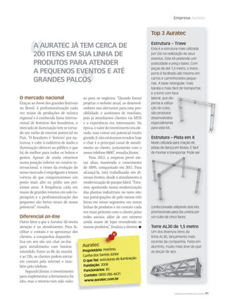 Empresa Auratec
WWW.MUSICAEMERCADO.COM.BR 91
A AURATEC JÁ TEM CERCA DE
200 ITENS EM SUA LINHA DE
PRODUTOS PARA ATENDER
A PEQUENOS EVENTOS E ATÉ
GRANDES PALCOS
O mercado nacional
Graças ao boom dos grandes festivais
no Brasil, à profissionalização cada
vez maior de produções de música
regional e à conhecida fama interna-
cional de festeiros dos brasileiros, o
mercado de iluminação tem se torna-
do um nicho de enorme potencial no
País. “O brasileiro é ‘festeiro’ por na-
tureza, e cabe à indústria de áudio e
iluminação oferecer ao público o que
há de melhor para todos os bolsos e
gostos. Apesar de ainda estarmos
numa posição inferior no cenário in-
ternacional, o ritmo da evolução do
nosso mercado é empolgante e temos
certeza de que conquistaremos um
posto mais alto no pódio nos pró-
ximos anos. A frequência cada vez
maior de grandes eventos em solo tu-
piniquim e a profissionalização dos
pequenos são fortes sinais de nosso
potencial”, ressalta.
Diferencial on-line
Outro fator a que a Auratec dá muita
atenção é ao atendimento. Para fa-
cilitar o contato e se aproximar dos
clientes, a companhia disponibi-
liza em seu site um chat on-line
para atendimento com horário
estendido. Entre as 8h da manhã
e as 23h, os clientes podem entrar
em contato pela internet e tam-
bém pelo telefone.
Segundo Júnior, o investimento
para implementar a ferramenta foi
alto, mas o retorno tem sido valio-
so para os negócios. “Quando fomos
projetar o website atual, os desenvol-
vedores nos alertaram para essa pos-
sibilidade, e aceitamos de imediato,
pois já atendíamos clientes via MSN
e a experiência era interessante. Na
época,ovalordoinvestimentoeraele-
vado, mas vimos um potencial muito
grande.Enãoestávamoserrados:hoje
o chat é o principal canal de atendi-
mento ao cliente, juntamente com o
nosso telefone 0800”, ressalta Júnior.
Para 2012, a empresa prevê me-
tas altas, mantendo o crescimento
de 100%, conquistado em 2011. Para
alcançá-la, está trabalhando em di-
versas frentes, desde o atendimento à
modernizaçãodoparquefabril.“Esta-
mos apostando numa modernização
das plantas industriais; no novo site;
nas participações de pelo menos três
feiras em nosso segmento; em novas
linhas de produtos e no contato cada
vez mais próximo com o cliente pelas
redes sociais, além de um número
ainda maior de lojas revendendo os
nossos produtos”, finaliza o diretor. 
Estrutura – Pista em X
Muito utilizada para criação de
pistas de dança em festas. É fácil
de montar e transportar. Pode ser
confeccionada utilizando dois kits
promocionais para DJs unidos por
um cubo de cinco faces.
confeccionada utilizando dois kits
Estrutura – Trave
Esta é a estrutura mais utilizada
por DJs na realização de seus
eventos. Este kit pretende unir
praticidade e preço baixo. Com
peças de até 1,5 metro, o trans-
porte é facilitado até mesmo em
carros e caminhonetes peque-
nas. A base retangular, mais
barata e mais fácil de transportar,
e a torre com face
lateral, que dis-
pensa a utiliza-
ção do cubo,
são produtos
desenvolvidos
especialmente
para este kit.
Estrutura – Pista em X
Torre AL30 de 1,5 metro
Um dos diversos itens da
linha AL30, lançamento mais
recente da companhia. Feita em
alumínio, muito mais leve do que
as peças de aço.
cilitar o contato e se aproximar dos
AuratecAuratec
Proprietário: Petrônio
Cunha dos Santos Júnior
O que faz: estruturas de iluminação
Fundação: 2008
Funcionários: 85
Contato: 0800-286-4631
www.auratec.com.br
Top 3 Auratec
mm58_empresa_auratec.indd 91 13/12/11 19:31
 