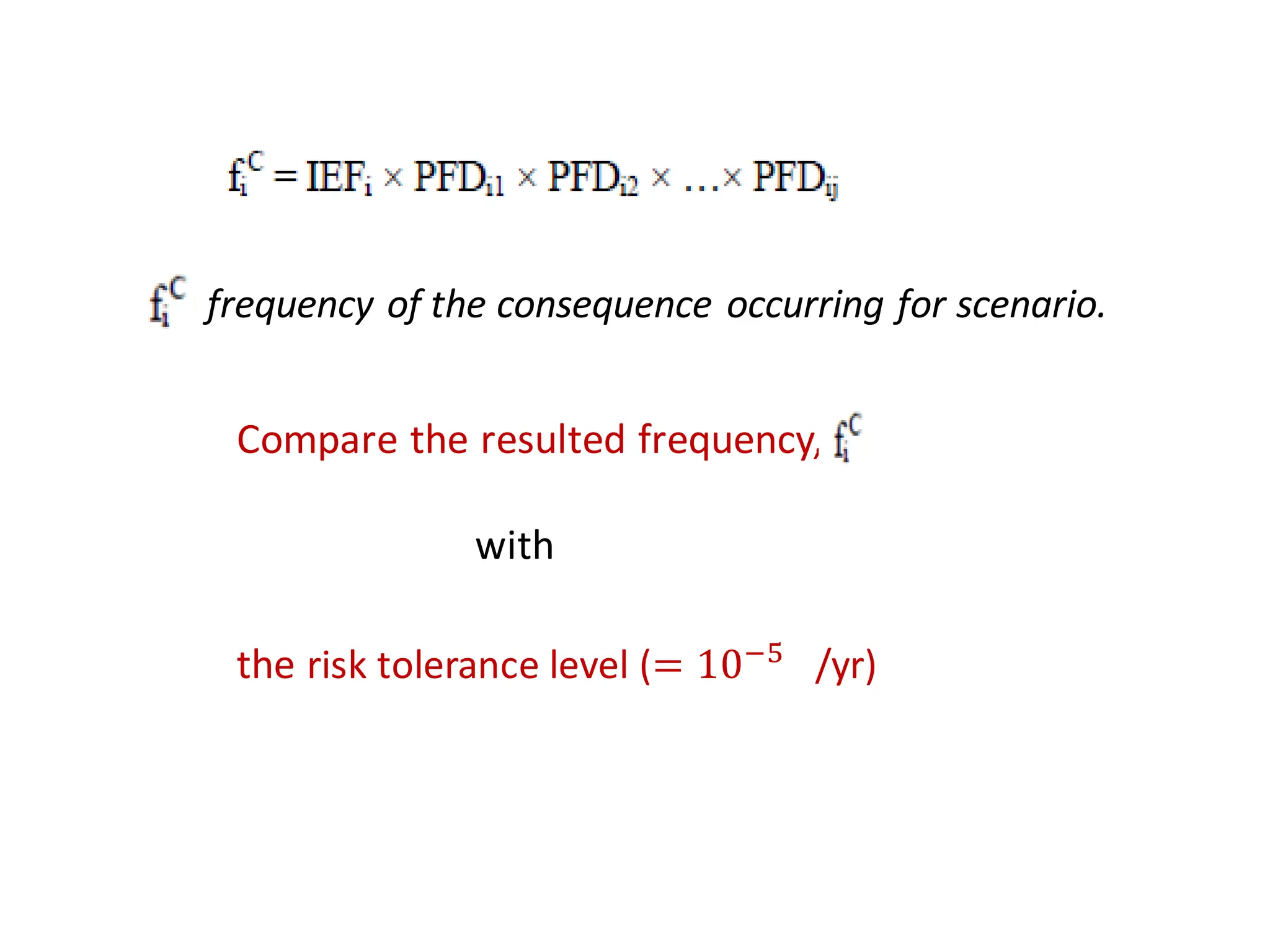 Compare the resulted frequency,
with
the risk tolerance level (= 10−5
/yr)
, , , frequency of the consequence occurring for scenario.
 