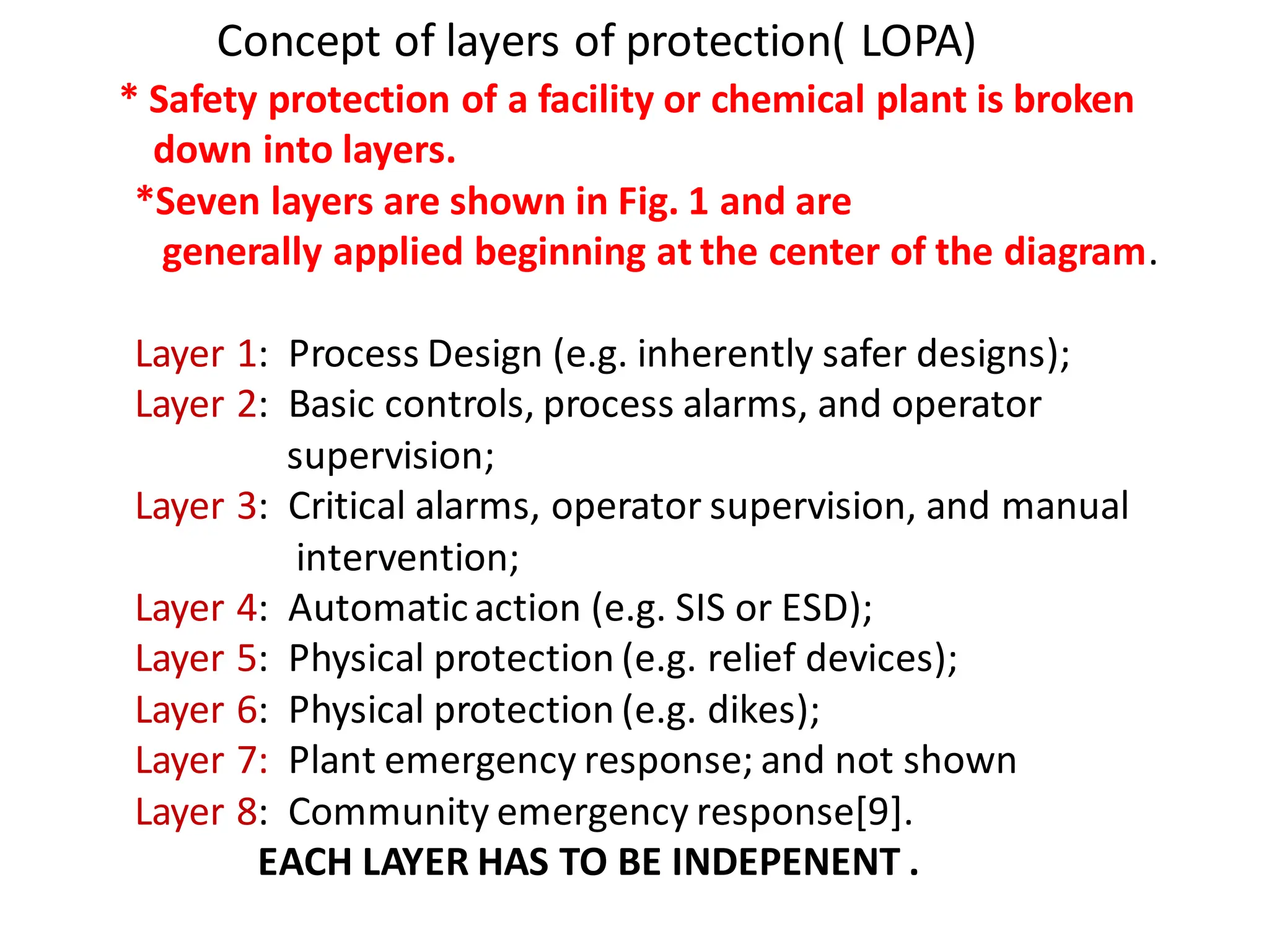 * Safety protection of a facility or chemical plant is broken
down into layers.
*Seven layers are shown in Fig. 1 and are
generally applied beginning at the center of the diagram.
Layer 1: Process Design (e.g. inherently safer designs);
Layer 2: Basic controls, process alarms, and operator
supervision;
Layer 3: Critical alarms, operator supervision, and manual
intervention;
Layer 4: Automaticaction (e.g. SIS or ESD);
Layer 5: Physical protection (e.g. relief devices);
Layer 6: Physical protection (e.g. dikes);
Layer 7: Plant emergency response; and not shown
Layer 8: Community emergency response[9].
EACH LAYER HAS TO BE INDEPENENT .
Concept of layers of protection( LOPA)
 