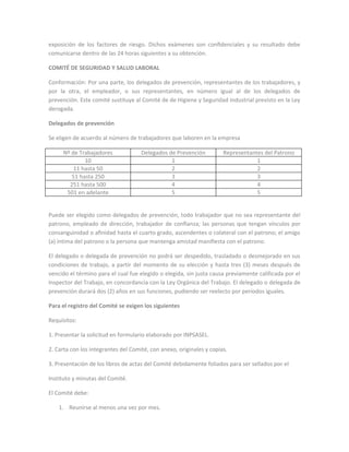 exposición de los factores de riesgo. Dichos exámenes son conﬁdenciales y su resultado debe
comunicarse dentro de las 24 horas siguientes a su obtención.

COMITÉ DE SEGURIDAD Y SALUD LABORAL

Conformación: Por una parte, los delegados de prevención, representantes de los trabajadores, y
por la otra, el empleador, o sus representantes, en número igual al de los delegados de
prevención. Este comité sustituye al Comité de de Higiene y Seguridad Industrial previsto en la Ley
derogada.

Delegados de prevención

Se eligen de acuerdo al número de trabajadores que laboren en la empresa

     Nº de Trabajadores              Delegados de Prevención          Representantes del Patrono
             10                                 1                                 1
         11 hasta 50                            2                                 2
        51 hasta 250                            3                                 3
       251 hasta 500                            4                                 4
      501 en adelante                           5                                 5


Puede ser elegido como delegados de prevención, todo trabajador que no sea representante del
patrono, empleado de dirección, trabajador de conﬁanza; las personas que tengan vínculos por
consanguinidad o aﬁnidad hasta el cuarto grado, ascendentes o colateral con el patrono; el amigo
(a) íntima del patrono o la persona que mantenga amistad maniﬁesta con el patrono.

El delegado o delegada de prevención no podrá ser despedido, trasladado o desmejorado en sus
condiciones de trabajo, a partir del momento de su elección y hasta tres (3) meses después de
vencido el término para el cual fue elegido o elegida, sin justa causa previamente calificada por el
Inspector del Trabajo, en concordancia con la Ley Orgánica del Trabajo. El delegado o delegada de
prevención durará dos (2) años en sus funciones, pudiendo ser reelecto por períodos iguales.

Para el registro del Comité se exigen los siguientes

Requisitos:

1. Presentar la solicitud en formulario elaborado por INPSASEL.

2. Carta con los integrantes del Comité, con anexo, originales y copias.

3. Presentación de los libros de actas del Comité debidamente foliados para ser sellados por el

Instituto y minutas del Comité.

El Comité debe:

    1. Reunirse al menos una vez por mes.
 