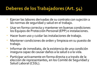 • Ejercer las labores derivadas de su contrato con sujeción a
las normas de seguridad y salud en el trabajo.
• Usar en forma correcta y mantener en buenas condiciones
los Equipos de Protección Personal (EPP) e instalaciones.
• Hacer buen uso y cuidar las instalaciones de trabajo.
• Mantener condiciones de orden y limpieza en su puesto de
trabajo.
• Informar de inmediato, de la existencia de una condición
insegura capaz de causar daños a la salud o a la vida.
• Participar activamente en forma directa o a través de la
elección de representantes, en los Comité de Seguridad y
Salud Laboral (CSSL).
 