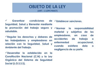 OBJETO DE LA LEY
(ART. 1 LOPCYMAT)
 Garantizar condiciones de
Seguridad, Salud y Bienestar mediante
la promoción del trabajo seguro y
saludable.
Regular los derechos y deberes de
los trabajadores y empleadores en
relación con la Seguridad, Salud y
Ambiente del Trabajo.
Desarrollar lo establecido en la
Constitución Nacional (C.N) y la Ley
Orgánica del Sistema de Seguridad
Social (L.O.S.S.S).
Establecer sanciones.
Normar la responsabilidad
material y subjetiva de los
empleadores, en caso de
accidentes de trabajo o
enfermedad ocupacional,
cuando existiere dolo o
negligencia de su parte.
 